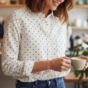 J. Crew White With Navy Polka Dots Button-Up Long Sleeve Shirt Unisex